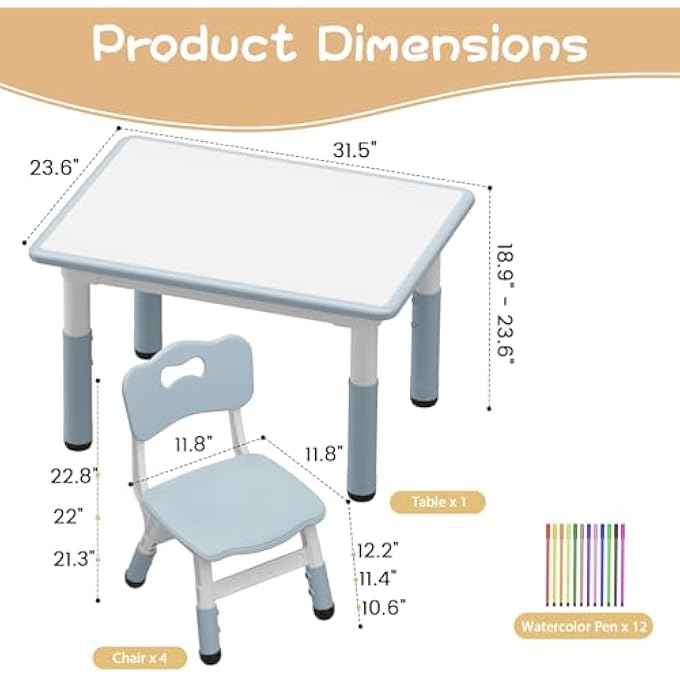 rayihni CHILDREN'S TABLE PACK OF 4 CHAIRS, PLASTIC CHILDREN'S SEATING SET, HEIGHT ADJUSTABLE, MULTIFUNCTIONAL PLAY TABLE, STABLE FOR CHILDREN, ERGONOMIC TABLE CHAIR SET FOR CHILDREN'S ROOM, 80 X 60 X 48-60 CM - Image 4
